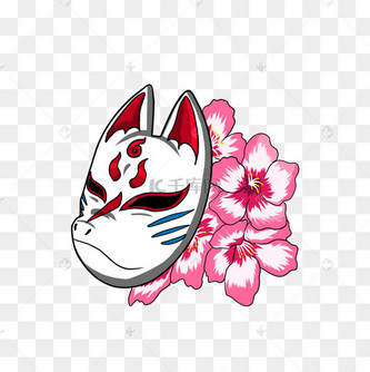 狐狸面具和樱花日本风格粉色