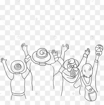 一家人戴着帽子幸福举手欢呼线条画