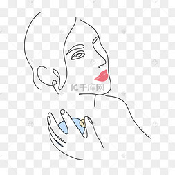 女人喷香水抽象线条艺术酒杯庆祝线条画女人脸侧面花卉耳环线条画抽象