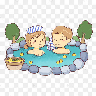 卡通画日本特色露天温泉