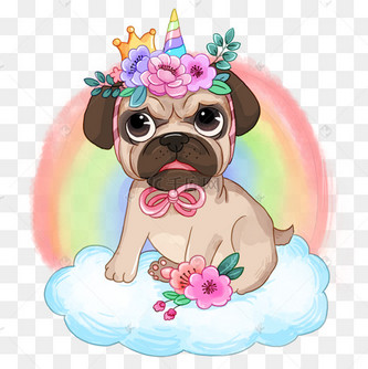 狗装扮成独角兽头戴花环王冠卡通画