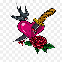 复古匕首刺心燕子玫瑰纹身t恤图17