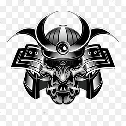 黑白木刻风格的日本武士面具和头