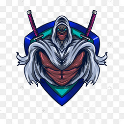 刺客忍者游戏徽标后背双刀蓝色背