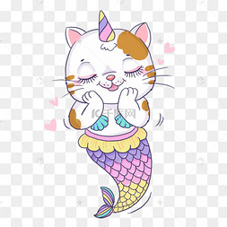 猫美人鱼撒娇可爱水彩画