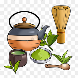 png下载psd抹茶茶具插画风格绿色下载 png下载psd卡通可爱生日樱桃