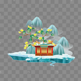 冬天国潮山水房子小雪风景结合