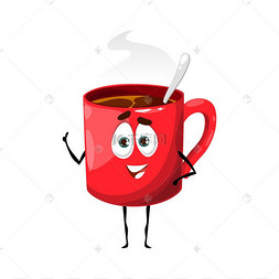 卡通咖啡杯角色,带有浓咖啡或巧