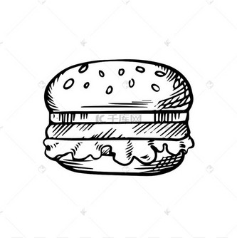 汉堡包的黑白素描,芝麻面包上有牛肉饼,用于快餐主题.