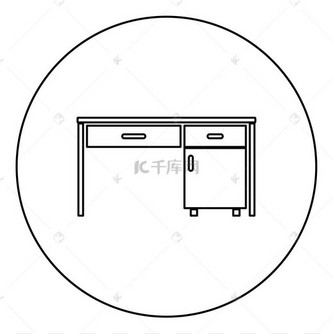 桌写字台工作场所在办公室概念图标在圆形轮廓黑色矢量插图平面样式