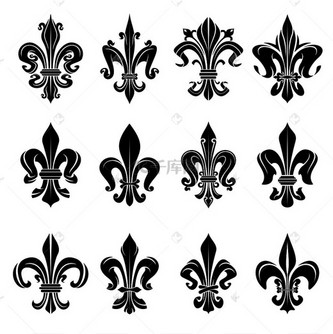 的皇家法国纹章设计元素,带有装饰性花卉装饰品装饰的黑色百合花符号