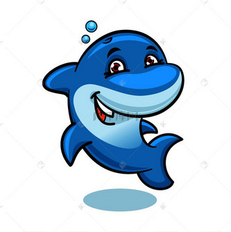 欢快的卡通亮蓝色大西洋宽吻海豚角色在水中表演把戏和玩耍.