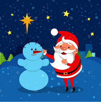 圣诞老人站在雪人旁边.