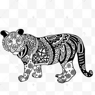 新年线描线条老虎剪纸复古花纹