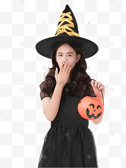 万圣万圣节手拿南瓜蓝小女巫