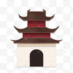 立体剪纸风城市地标中式建筑南京夫子庙沙雕表情包中国风门神插画图兔