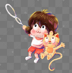 小女孩吹泡泡猫咪动物人物