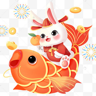 创意立体兔子新年兔子兔子骑着锦鲤金元宝