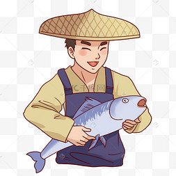卡通手绘海鲜渔民打渔捞鱼捕鱼收获钓鱼秋天渔民丰收打渔海鲜鲍鱼线描
