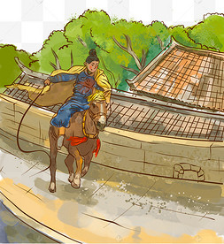 骑马少年新国风建筑房檐树木