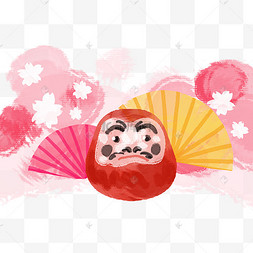 水彩日本不倒翁儿童玩具不倒翁插画蓝色不倒翁复古涂鸦风贴纸日本达摩