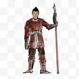 古代拿长枪士兵国潮古风卷轴标题框古代将军人物春天国画古代人物画