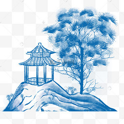 插画凉亭山水芙蓉渠坝中国风水墨风景山鸟春天春景梅花古代古风仕女二