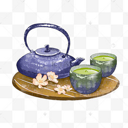 茶壶茶杯茶叶水彩