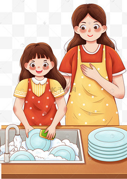 母亲与孩子洗碗