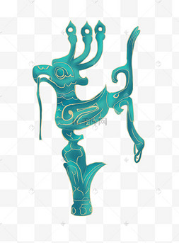 手绘插画考古文物四川三星堆青铜黄金面具四川成都高新南区的高楼手绘