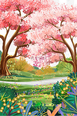 春季桃花树草地草丛树丛