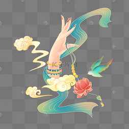 敦煌文化佛手持花国潮中国风复古敦煌香炉手绘祥云创意设计敦煌彩色