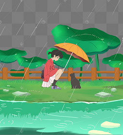 下雨天女孩为猫咪打伞