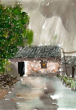 雨中的场景绘画图片