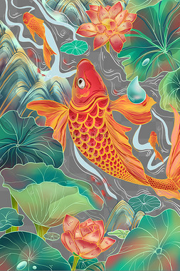 二十四节气夏至荷花荷叶鱼国潮