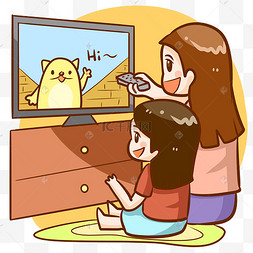 母女观看电视动画视频