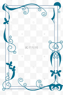 湖蓝色长方形花藤边框手绘蓝色花纹斑点平面蝴蝶psd免抠图手绘荧光