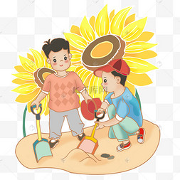 六一儿童节挖沙的小孩卡通手绘简笔画花朵六一儿童节女孩公园扑蝴蝶