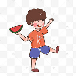 夏天吃西瓜的男孩手绘插画
