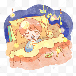 蜷缩熟睡的天使女孩梦幻梦境小女孩场景睡觉的女孩插画元素设计唯美