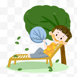 初夏卡通男孩在树下乘凉png素材