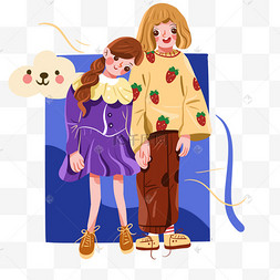 儿童节手拉手的小姐妹png免抠素材手绘女孩在拉手提琴免抠图男孩和