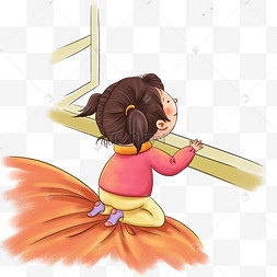 小婴儿趴在窗前好奇地张望创意卡通读书的小动物蓝色小兔子看书卡通棕