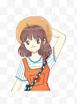 手绘卡通手扶帽子穿背带裤的卡哇