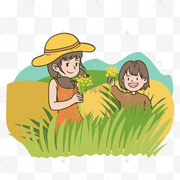 采花卡通插画采花的小女孩插画采花的小女孩插画清明节踏青采花的少女