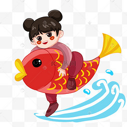 抱鲤鱼锦鲤卡通可爱女孩人物春节新年喜庆祝福元旦锦鲤人鱼插画1234下