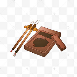 两只毛笔砚台插画方形花纹边框插画绿叶花藤边框插画手绘动物奶牛边框