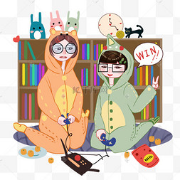 手绘打游戏宅生活插画