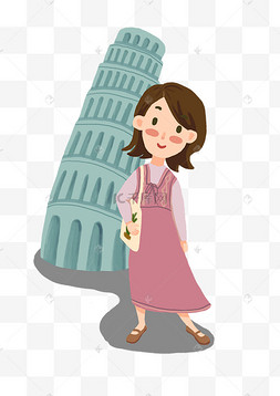 女生手绘插画png免抠素材景点旅游打卡景色游客照自拍人物插画手绘