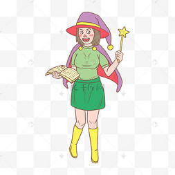 元素万圣节卡通手绘插画受惩罚的妖女女巫带着巫师帽kawaii动画女巫婆